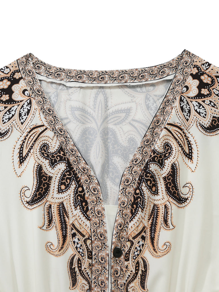70er Boho Kleid mit V-Ausschnitt und Ballonärmel