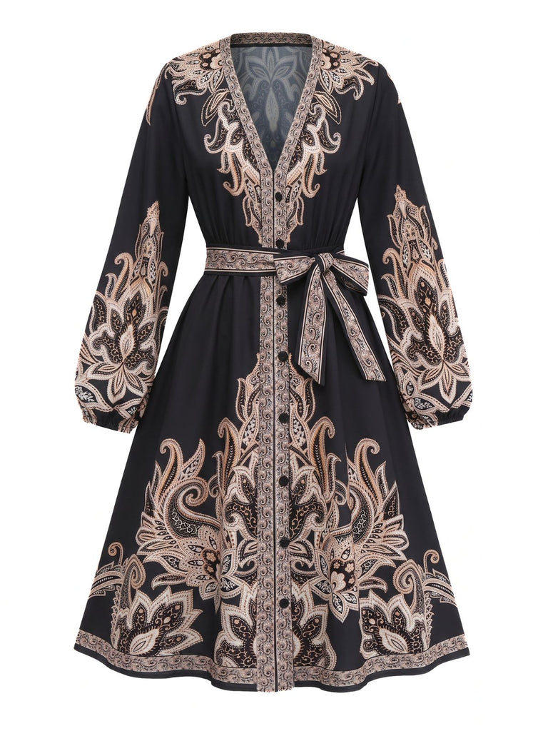 70er Boho Kleid mit V-Ausschnitt und Ballonärmel