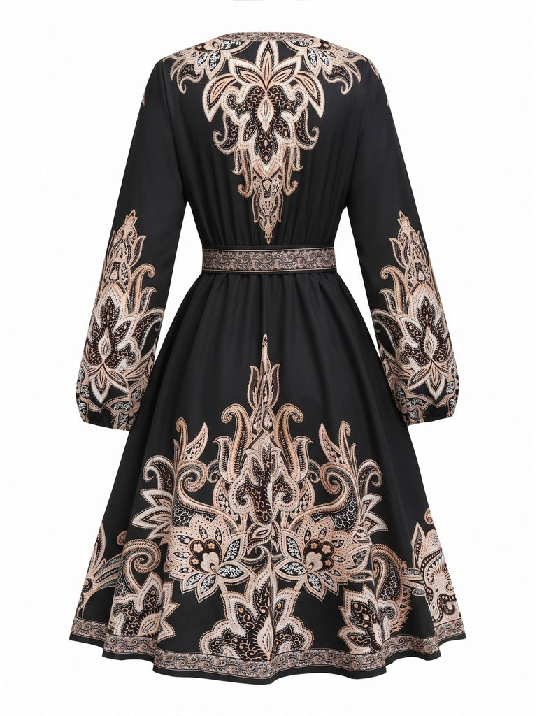 70er Boho Kleid mit V-Ausschnitt und Ballonärmel