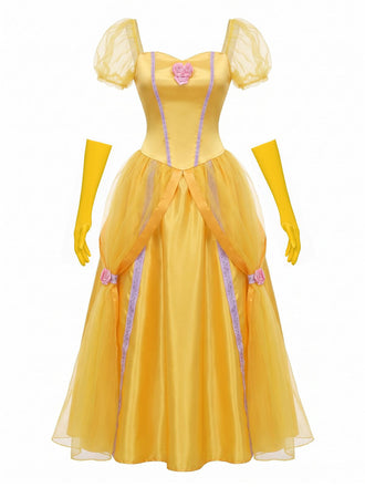 Gelbes & Rosa 70er Kleid mit Puffärmel und Schleife