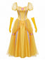 Gelbes 70er Prinzessinnen-Cosplaykleid mit Puffärmeln und Rosen-Detail