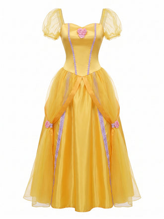 Gelbes & Rosa 70er Kleid mit Puffärmel und Schleife