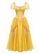 Gelbes 70er Prinzessinnen-Cosplaykleid mit Puffärmeln und Rosen-Detail