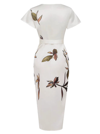 Weißes 60er Kleid mit Print und Wickel