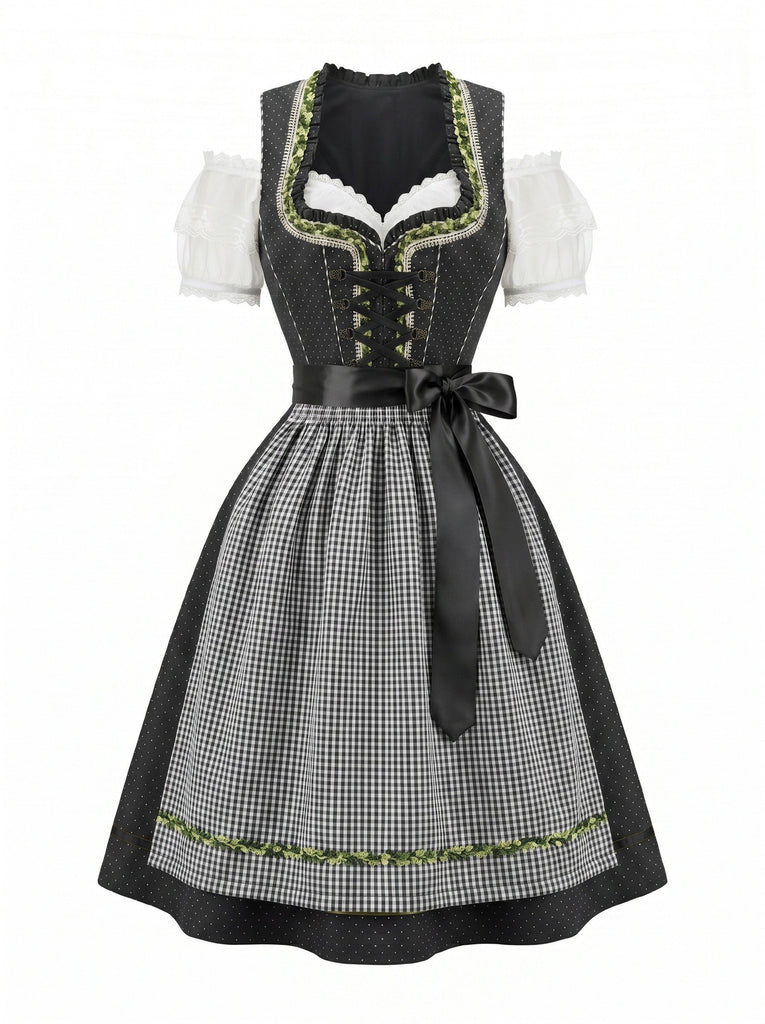 50er schulterfreies Baumwoll-Kleid mit Polka-Dots und Gingham