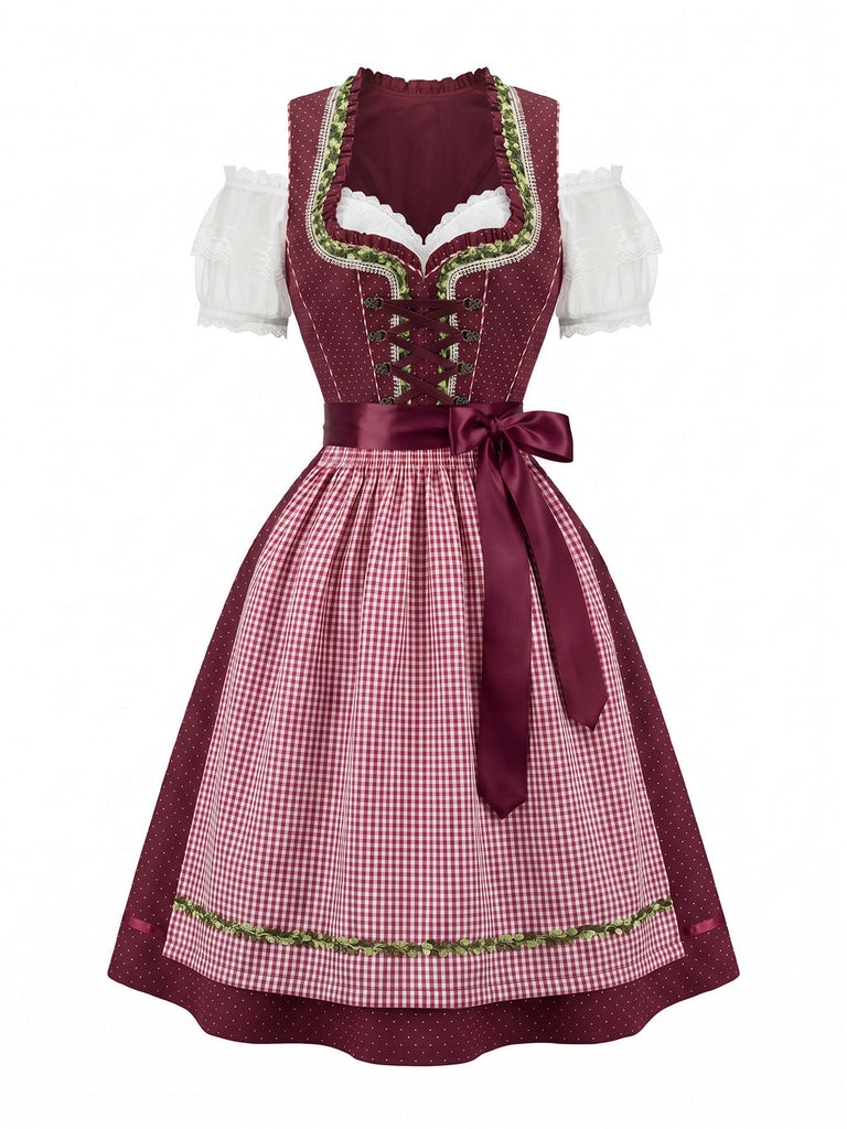 50er schulterfreies Baumwoll-Kleid mit Polka-Dots und Gingham