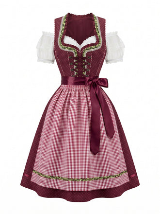 50er schulterfreies Baumwoll-Kleid mit Polka-Dots und Gingham