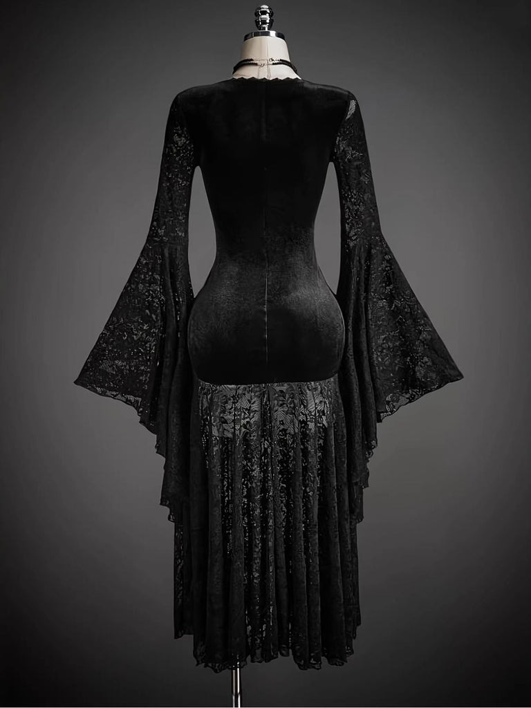 Schwarzes 80er Kleid mit V-Ausschnitt und Samt