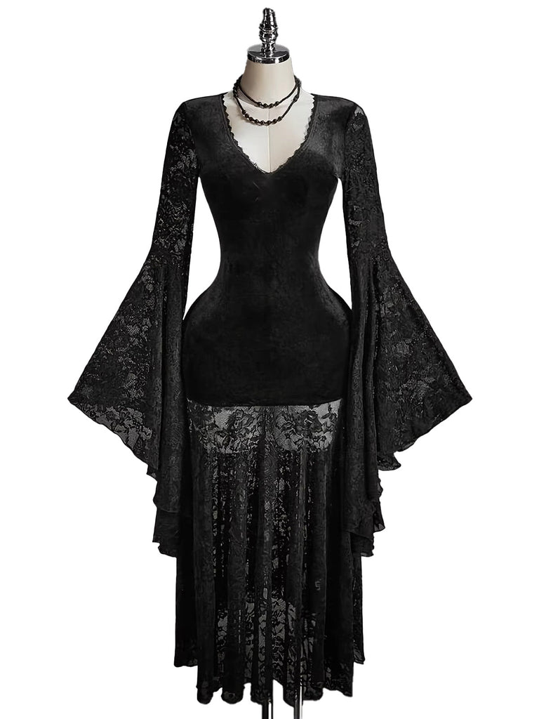 Schwarzes 80er Kleid mit V-Ausschnitt und Samt