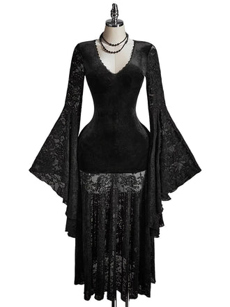 Schwarzes 80er Kleid mit V-Ausschnitt und Samt