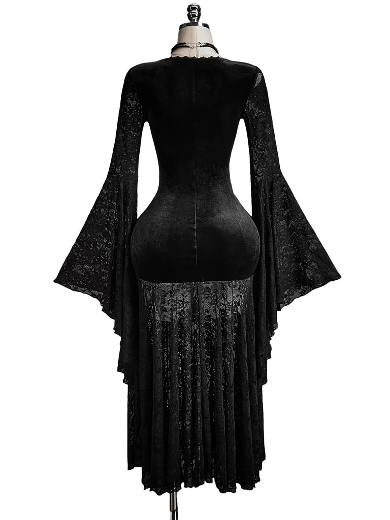 Schwarzes 80er Kleid mit V-Ausschnitt und Samt