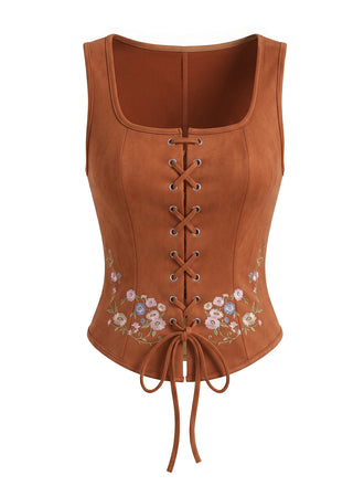 Brauner 70er Boho Korsett mit Schnürung und Blumenstickerei