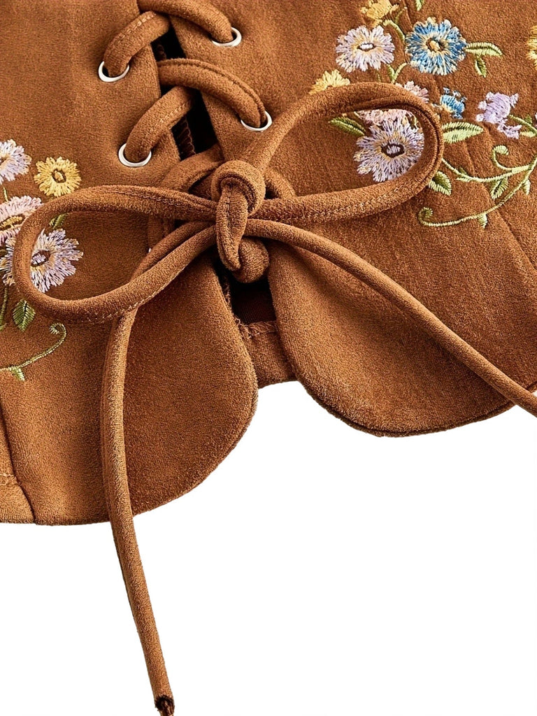 Brauner 70er Boho Korsett mit Schnürung und Blumenstickerei