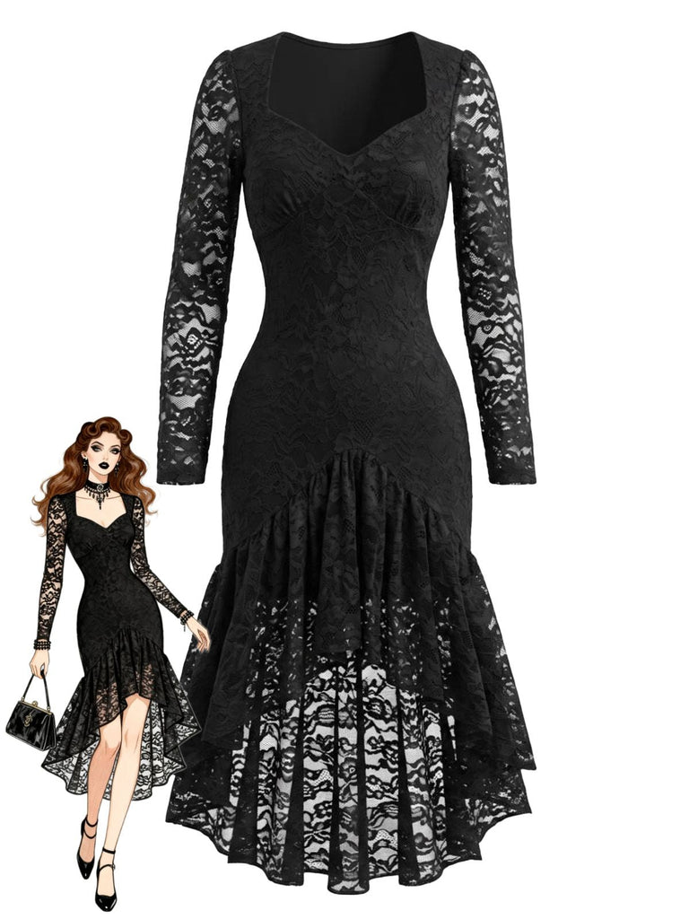 Schwarzes 60er Kleid mit Spitze und High-Low