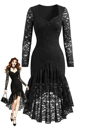 Schwarzes 60er Kleid mit Spitze und High-Low