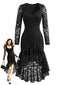 Schwarzes 60er Spitzenkleid mit transparenten Ärmeln und High-Low-Saum