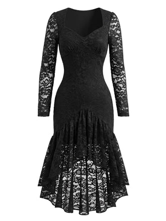 Schwarzes 60er Kleid mit Spitze und High-Low