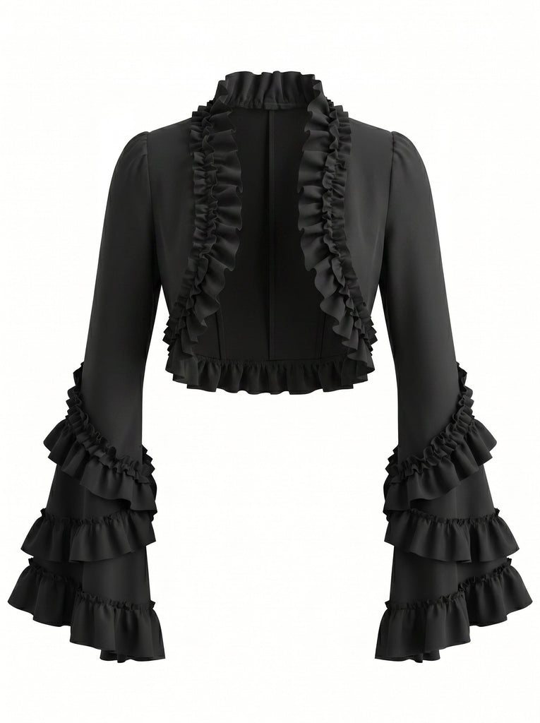 Schwarze 50er Gothic Jacke mit Rüschen und Langärmeln