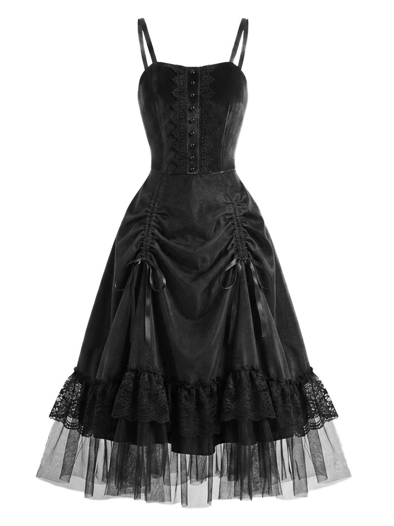 50er Gothic Kleid mit Spitzen-Tüll und Tunnelzug-Raffung