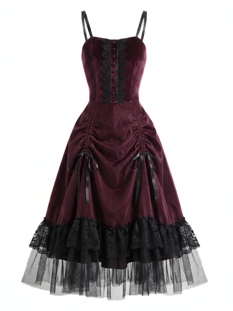 50er Gothic Kleid mit Spitzen-Tüll und Tunnelzug-Raffung