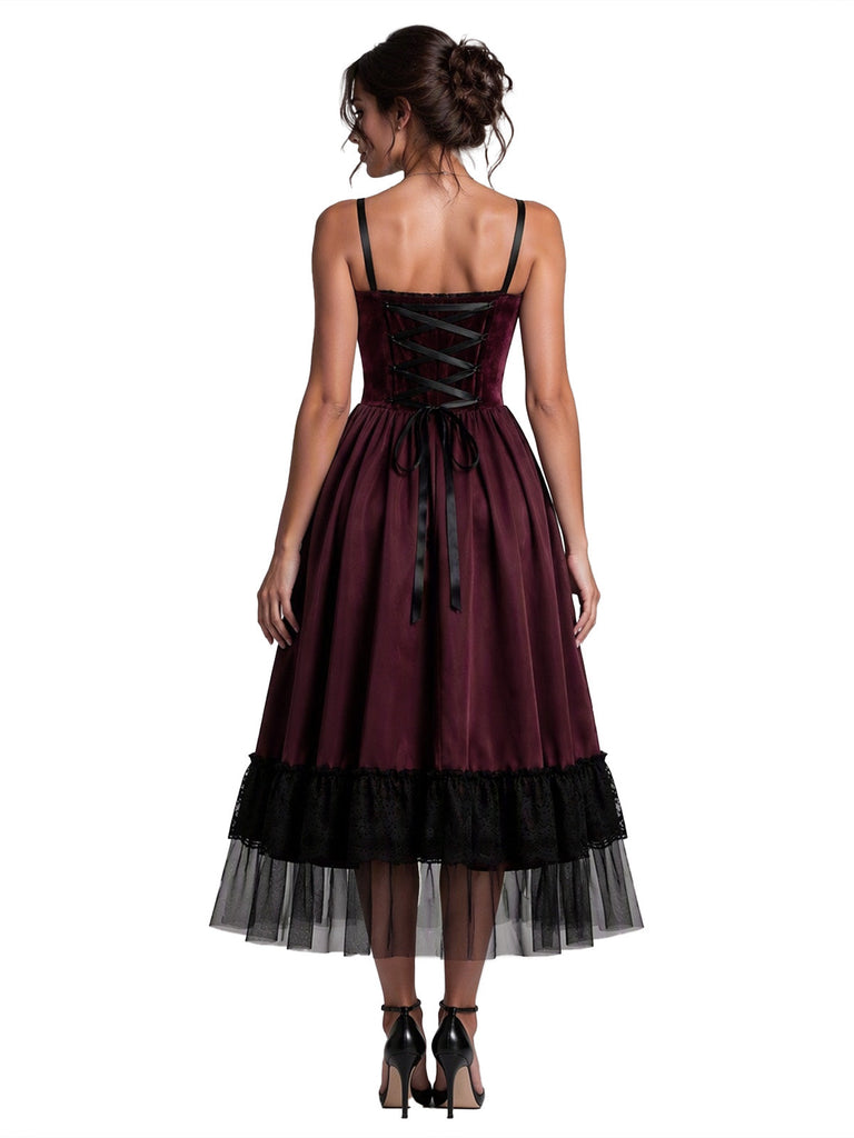 50er Gothic Kleid mit Spitzen-Tüll und Tunnelzug-Raffung
