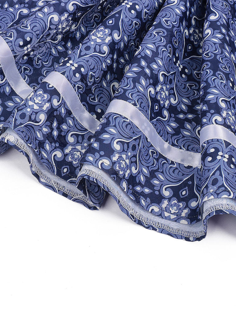 Dunkelblaues 50er Kleid mit Blumen und Puffärmel