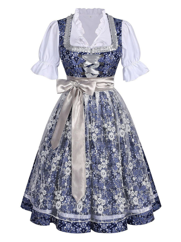 Dunkelblaues 50er Kleid mit Blumen und Puffärmel