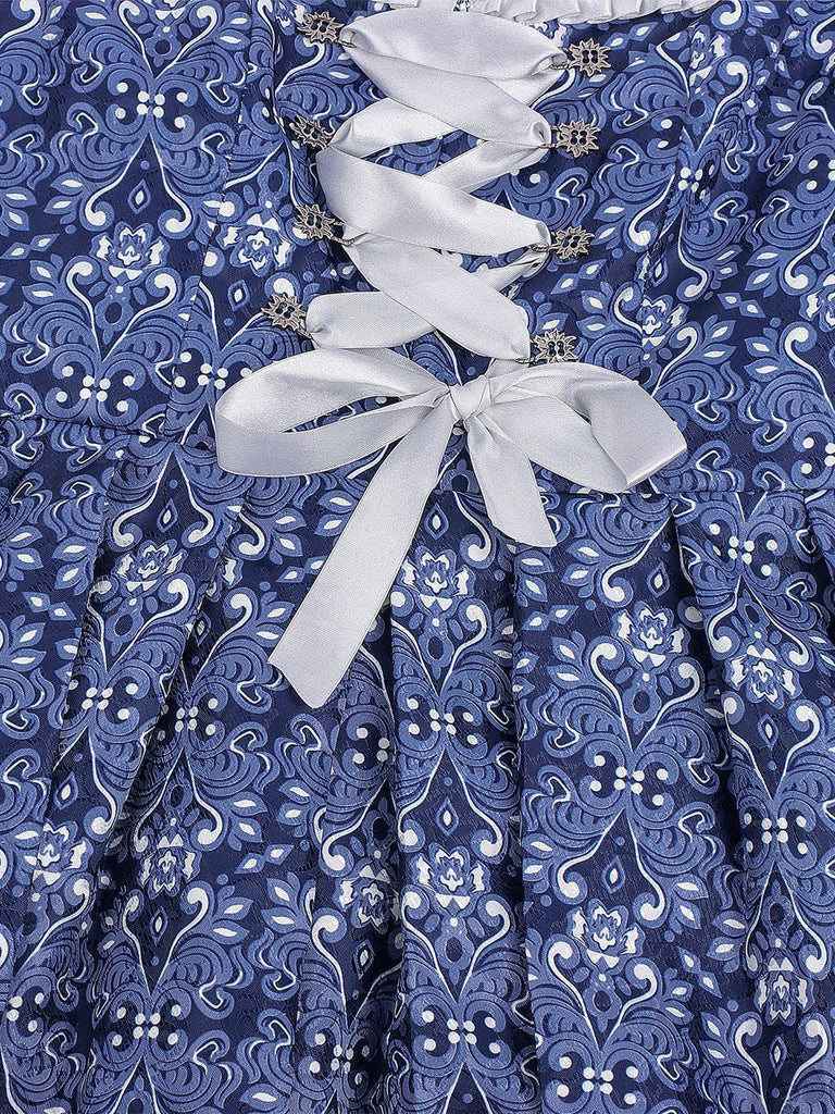 Dunkelblaues 50er Kleid mit Blumen und Puffärmel