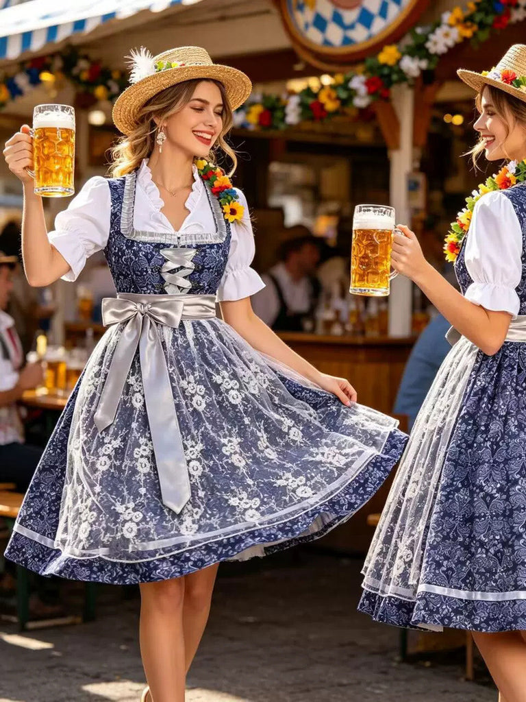 Dunkelblaues 50er Kleid mit Blumen und Puffärmel
