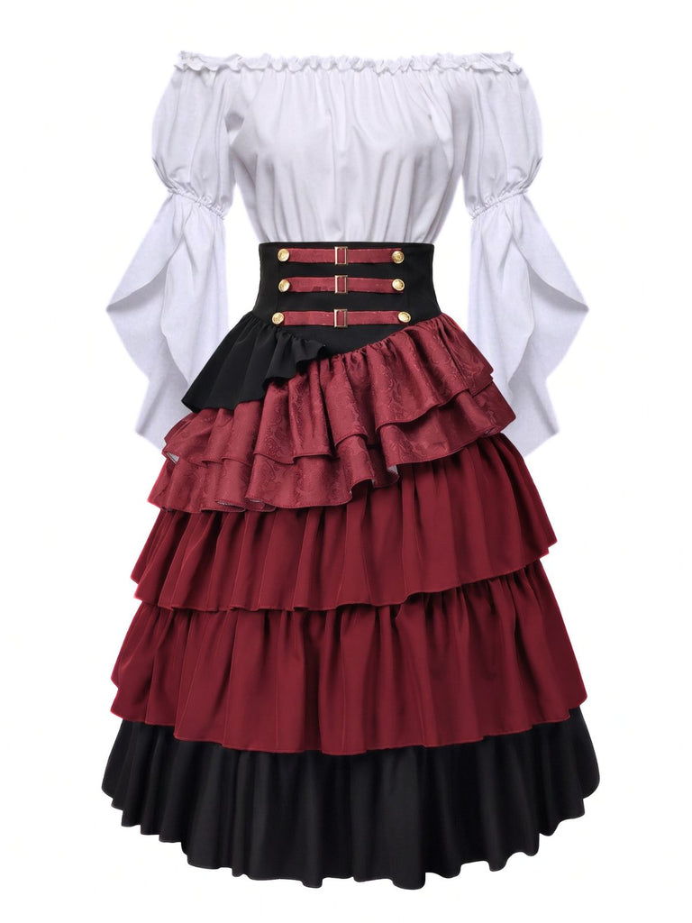 Weinrotes 50er Top & Rock Set mit Rüschen