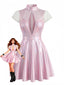 Rosa 60er Kleid mit tiefem Frontausschnitt und Laser-Mesh-Patchwork