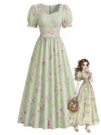 30er Cottagecore Kleid mit Rosen und Puffärmel