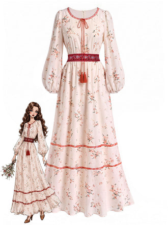 [Vorverkauf] 70er Boho-Maxikleid mit Blumenstickerei und Laternenärmeln