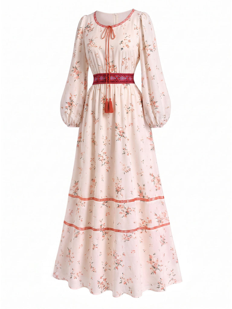 [Vorverkauf] 70er Boho-Maxikleid mit Blumenstickerei und Laternenärmeln