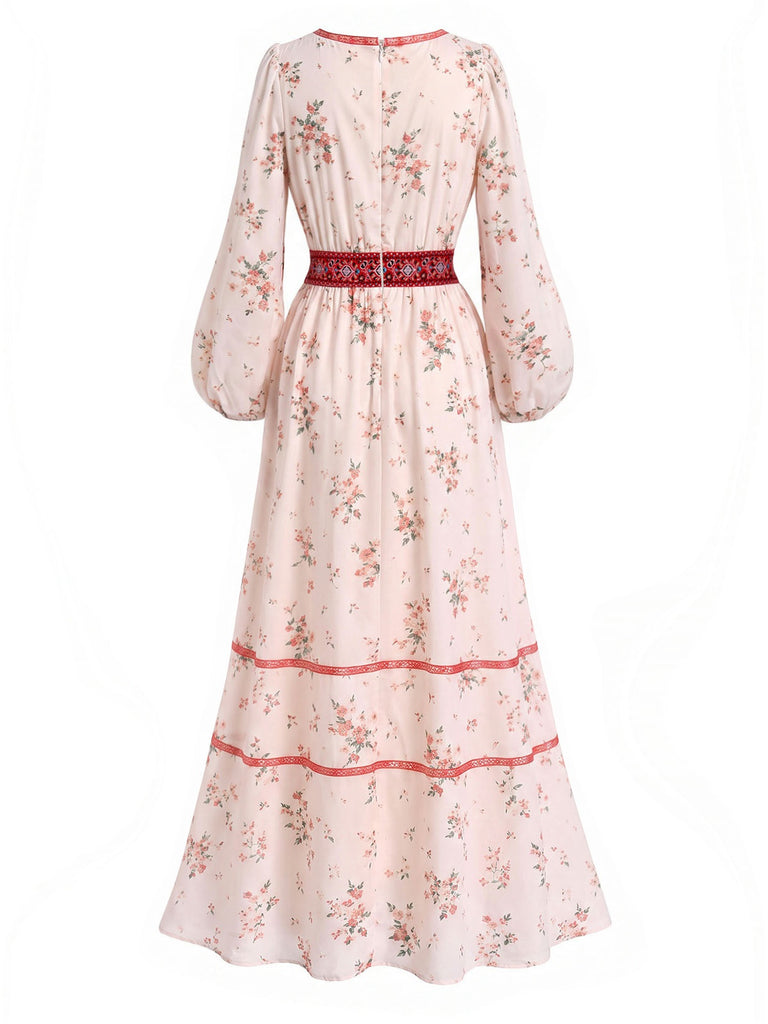 [Vorverkauf] 70er Boho-Maxikleid mit Blumenstickerei und Laternenärmeln