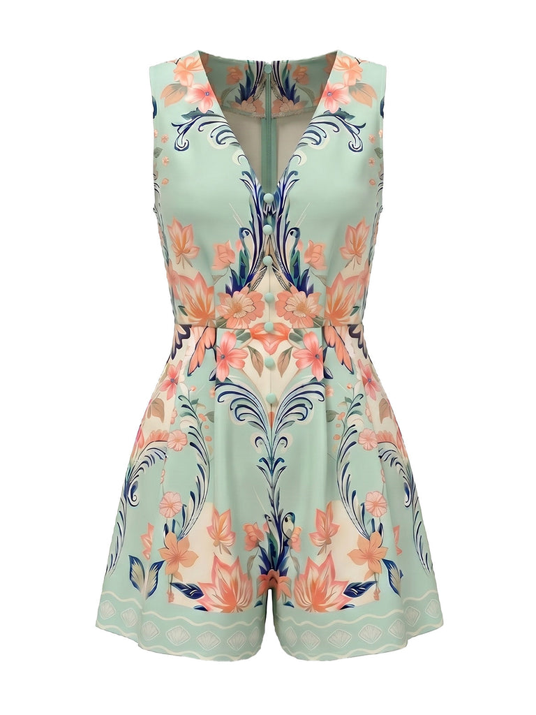 [Pre-Sale] Ice Green 1950s Floral V Neck Jumpsuit 2
