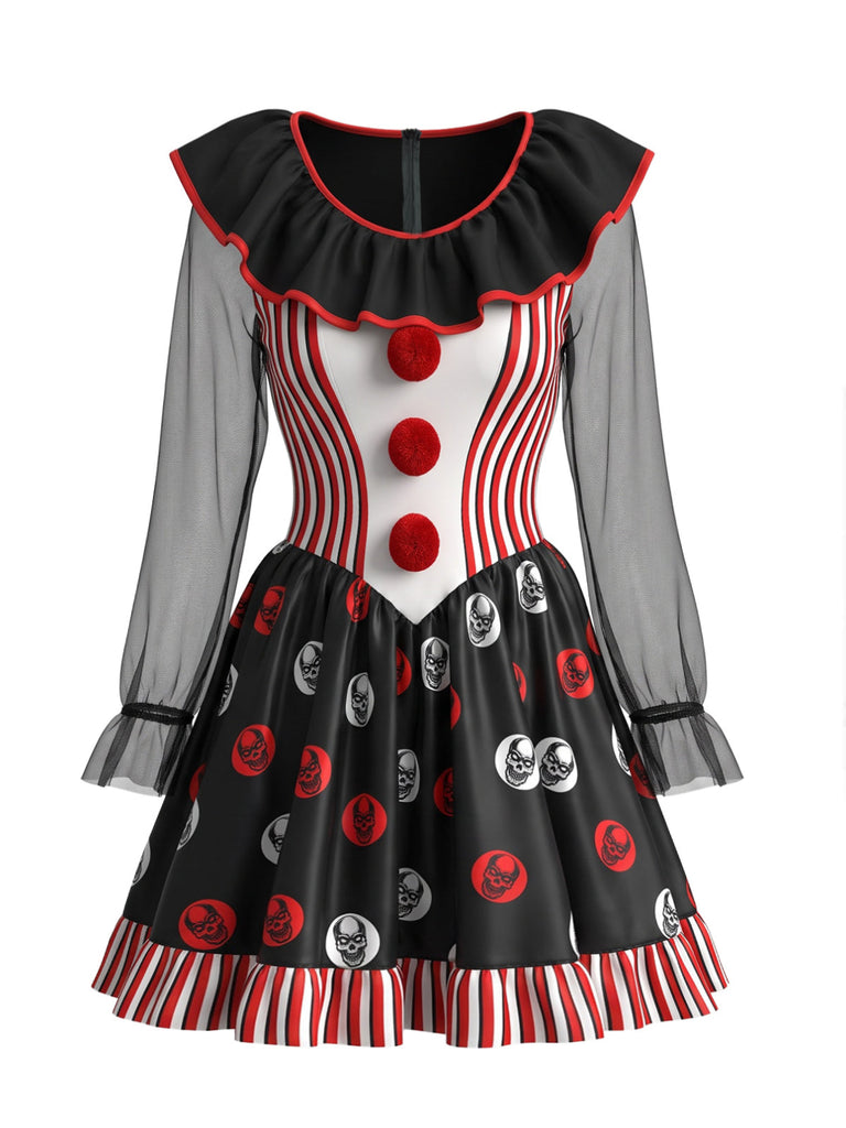 Schwarzes 50er Halloween-Kostümkleid mit Totenkopf-Print und Streifen