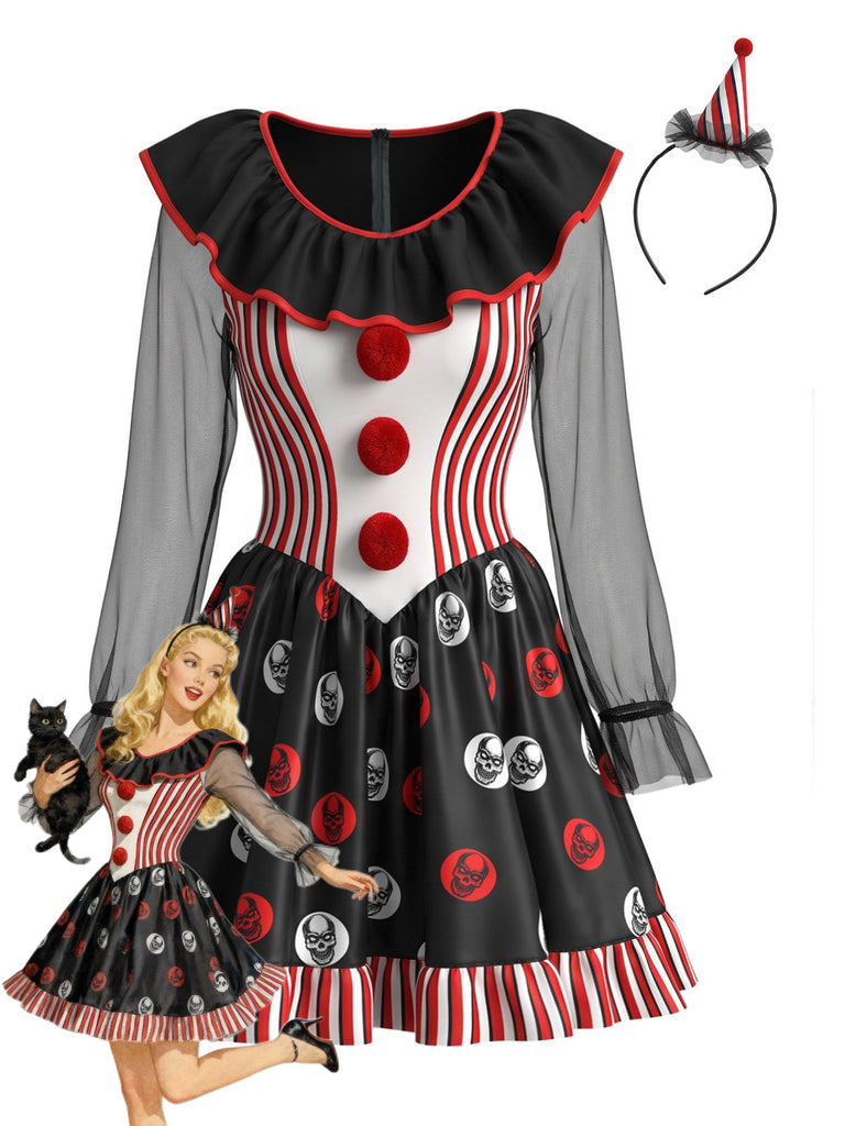 Schwarzes 50er Halloween-Kostümkleid mit Totenkopf-Print und Streifen