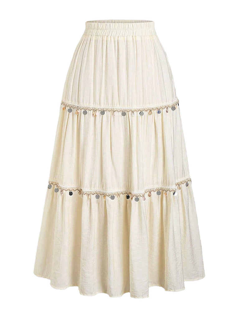 Beiger 70er Boho Stufenrock mit Pailletten