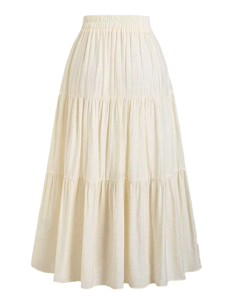 Beiger 70er Boho Stufenrock mit Pailletten