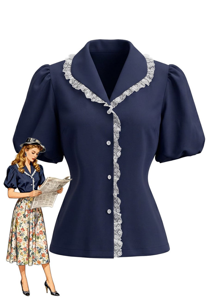 Marineblaue 50er Bluse mit Peter-Pan-Kragen und Puffärmel