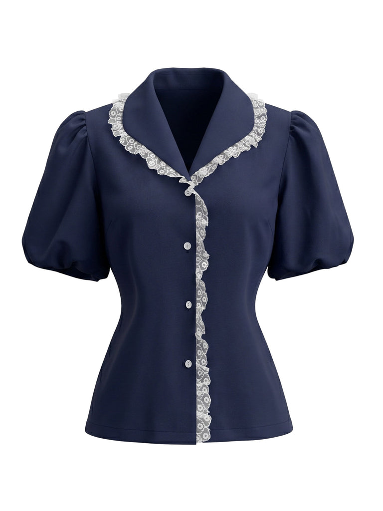 Marineblaue 50er Bluse mit Peter-Pan-Kragen und Puffärmel