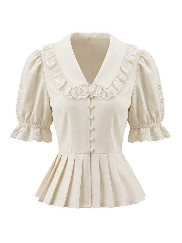Beige 70er Bluse mit Peter-Pan-Kragen und Puffärmel
