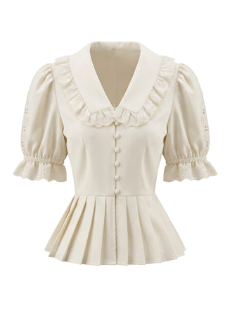Beige 70er Bluse mit Peter-Pan-Kragen und Puffärmel