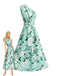 Grünes 50er Ärmelloses Kleid mit One-Shoulder und Blumen