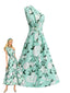 Eisgrünes 50er One-Shoulder-Kleid mit Blumenmuster