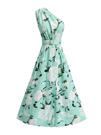 Grünes 50er Ärmelloses Kleid mit One-Shoulder und Blumen