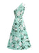 Grünes 50er Ärmelloses Kleid mit One-Shoulder und Blumen