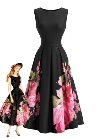Schwarzes 50er Plisséekleid mit Blumen