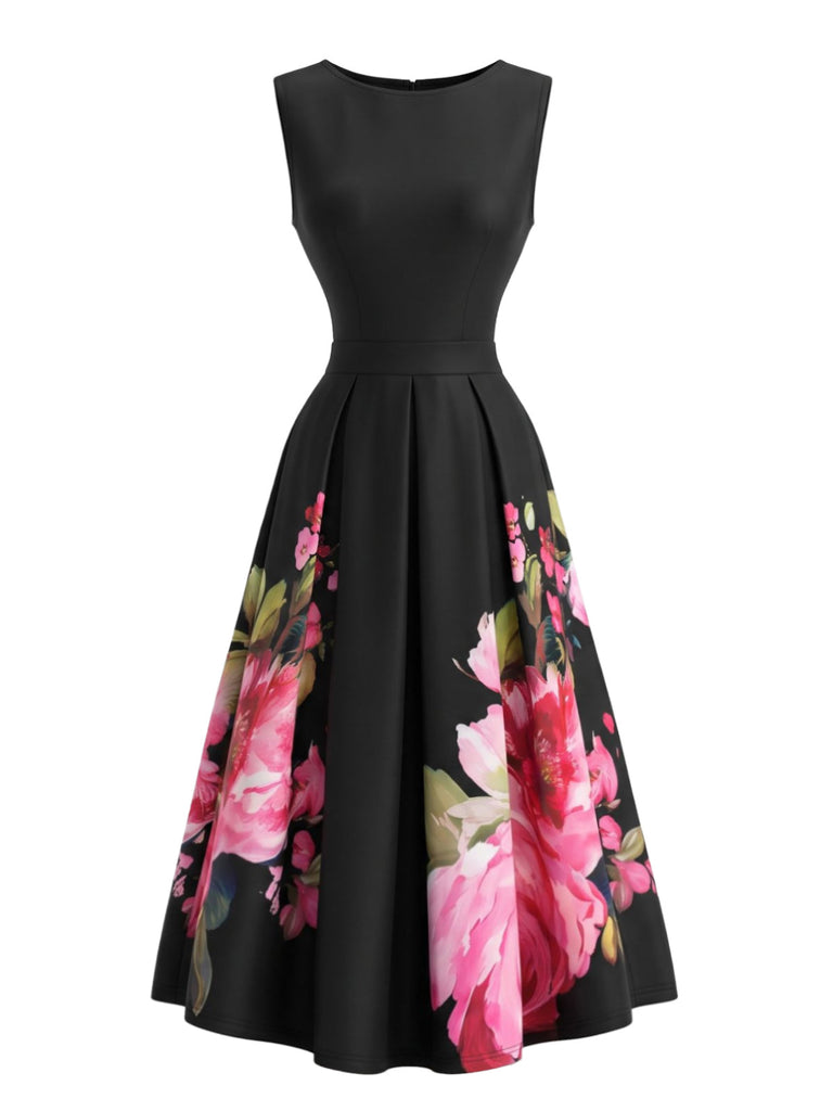 Schwarzes 50er Plisséekleid mit Blumen